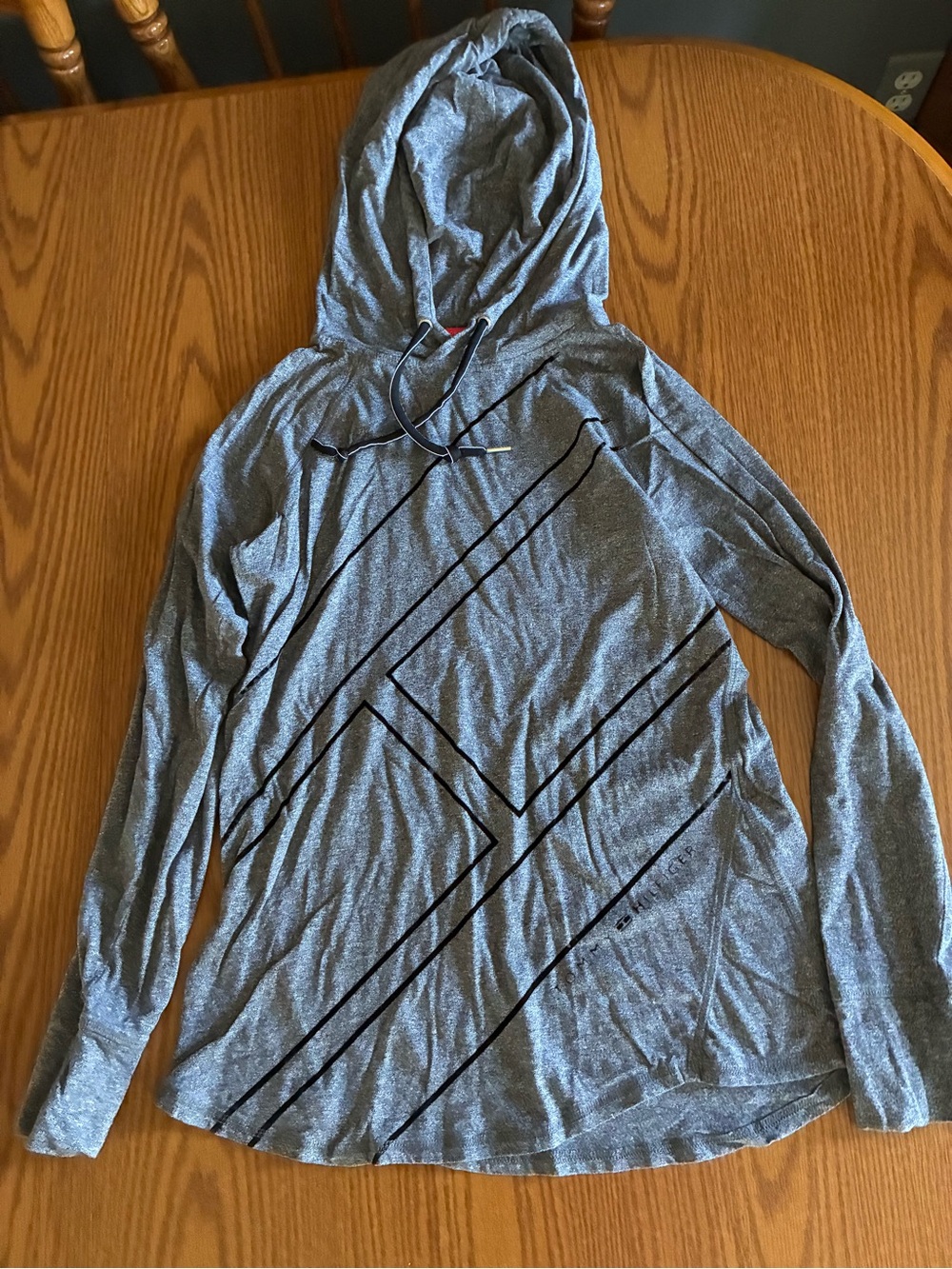 Tommy Hilfiger Gray Long Sleeve Hooded Tee with Black Stripe Detail